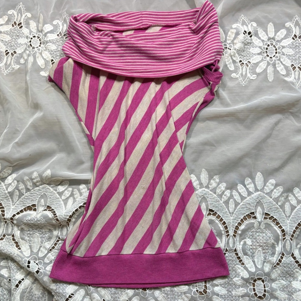 Y2K Off Shoulder Pink Cream Striped Cowl Neck Knit Top Size M